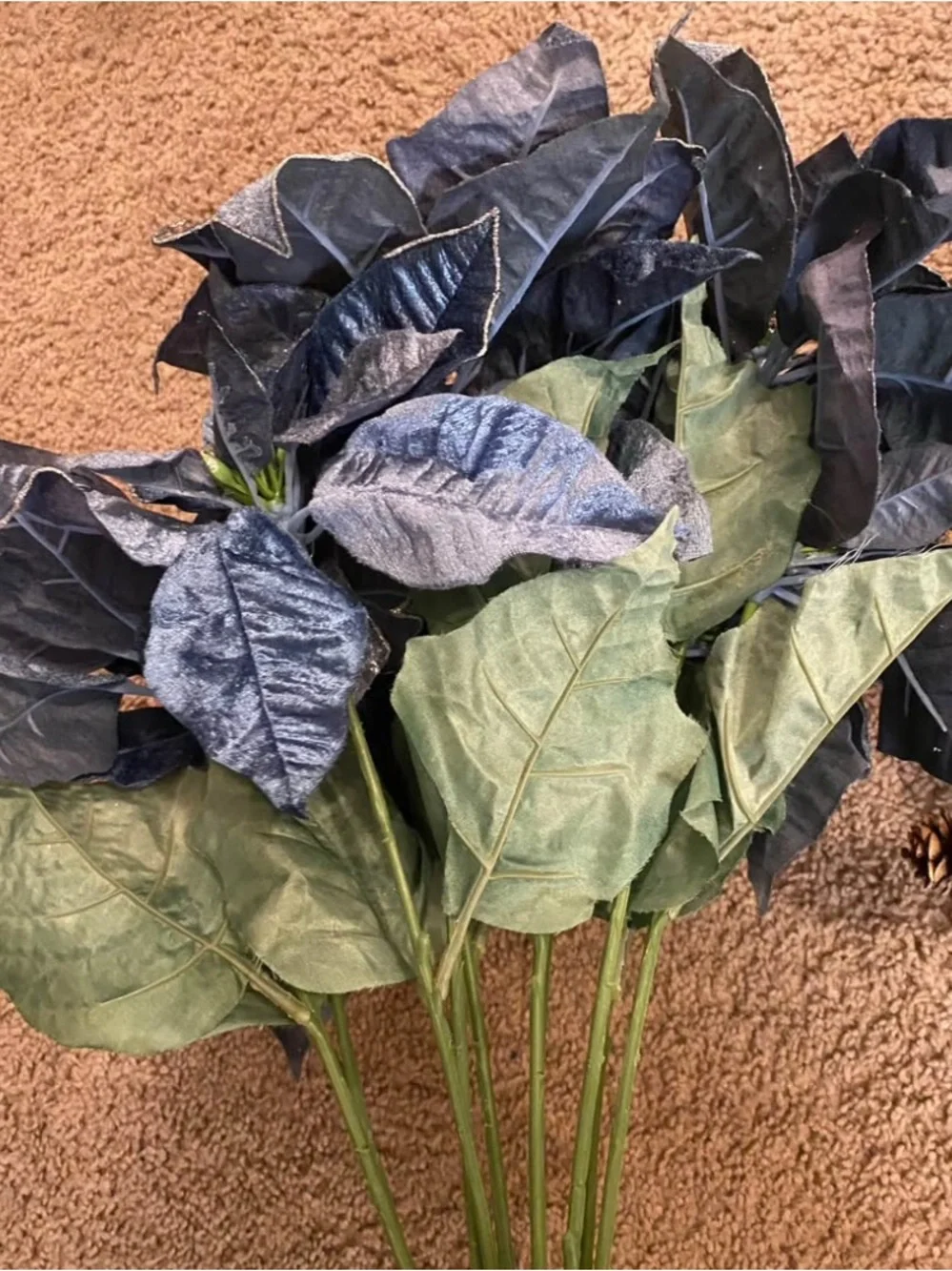 Artificial Blue Poinsettia and Pine Stems 20”